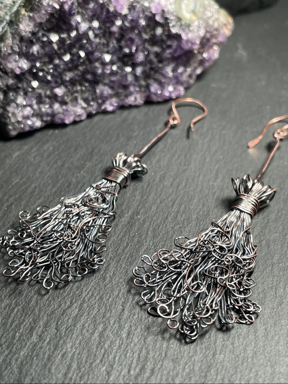 FINAL SALE Copper Witch's Broom Halloween Dangle Earrings - Artisan - Picture 8 of 10